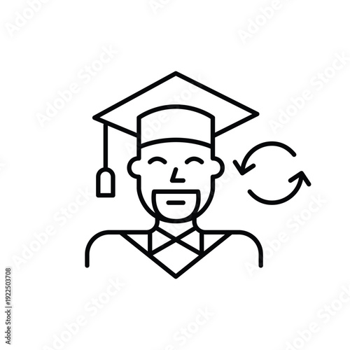 Smiling happy graduate in mortar board and renew symbol. Diploma refresh, academic cycle. Pixel perfect, editable stroke vector icon