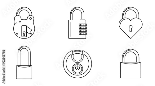 padlock security, 6 black delicate line drawings vector set collection , white background , PNG and SVG
