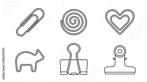 paperclip, 6 black delicate line drawings vector set collection , white background , PNG and SVG
