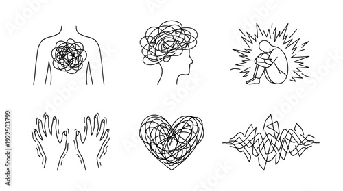 panic attack, 6 black delicate line drawings vector set collection , white background , PNG and SVG