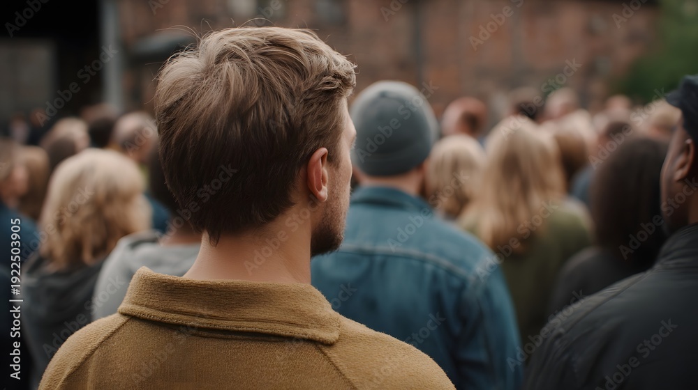Obraz premium A man seen from behind observes a diverse crowd gathered outdoors in an urban slightly industrial environment