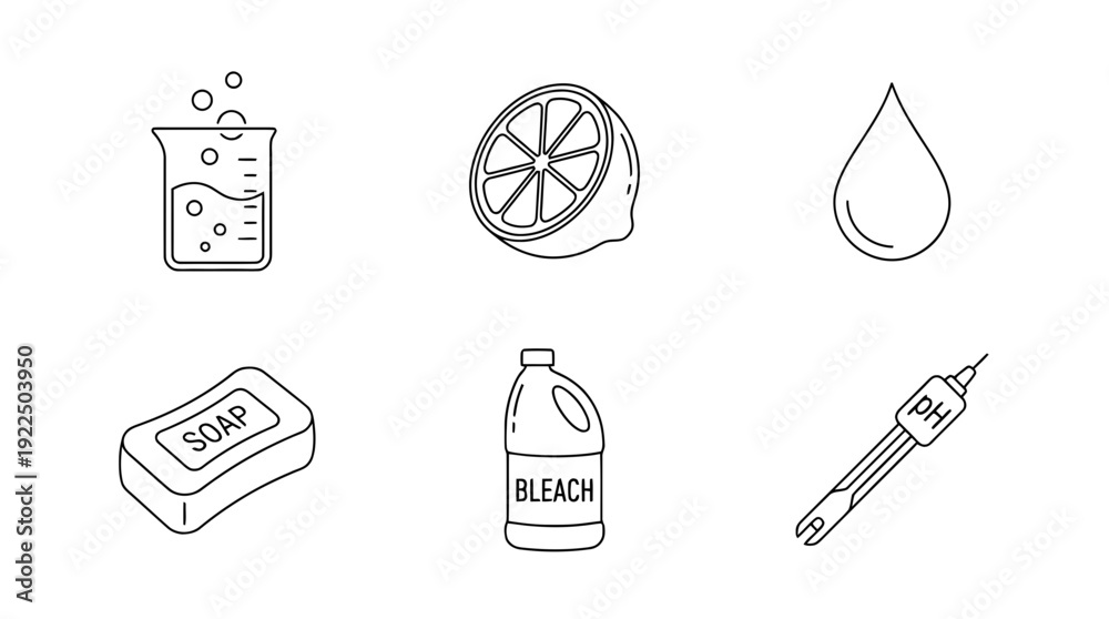 Fototapeta premium ph scale, 6 black delicate line drawings vector set collection , white background , PNG and SVG