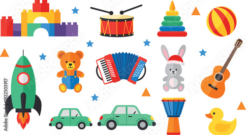 Colorful Kids Toys Collection with Rocket Cars Drum Guitar Teddy Bear and Blocks Vector Illustration Set