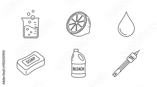 ph scale, 6 black delicate line drawings vector set collection , white background , PNG and SVG