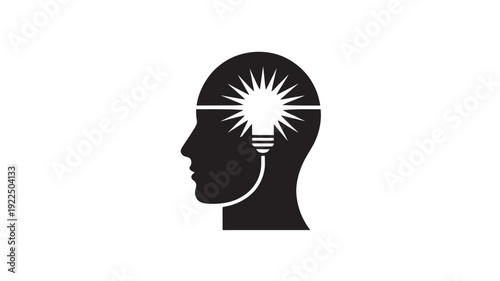 Vector Illustration Of Black Silhouette Human Head With Light Bulb For Creative Idea And Innovation Concept