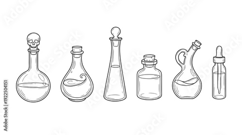 poison flask, 6 black delicate line drawings vector set collection , white background , PNG and SVG