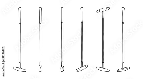 polo mallet, 6 black delicate line drawings vector set collection , white background , PNG and SVG