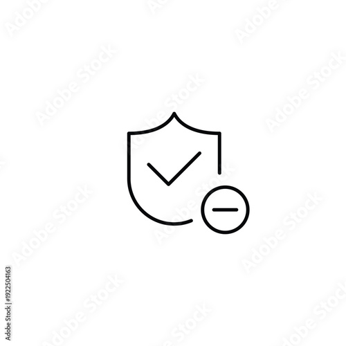 Shield, checkmark and minus. Protection disabled, insurance policy cancelled. Pixel perfect, editable stroke vector icon
