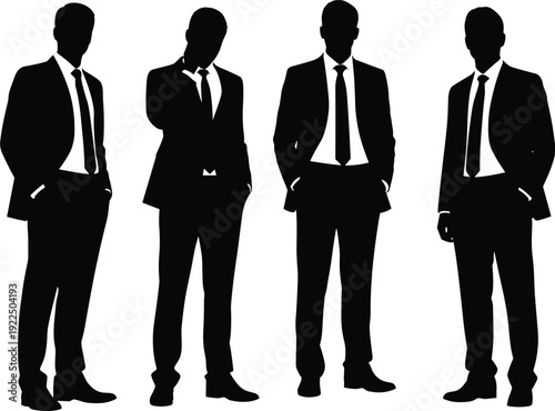 Black silhouette group of confident business men in suits and ties standing together, hands in pockets and arms crossed vector illustration
