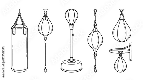 punching bag, 6 black delicate line drawings vector set collection , white background , PNG and SVG