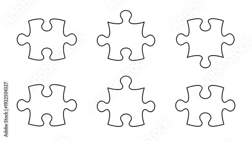 puzzle piece, 6 black delicate line drawings vector set collection , white background , PNG and SVG