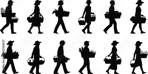 Farmers carrying baskets of vegetables silhouettes collection, agricultural workers walking with fresh harvest isolated on white background, black vector illustration for farming and market design