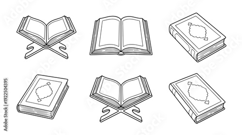 quran book, 6 black delicate line drawings vector set collection , white background , PNG and SVG
