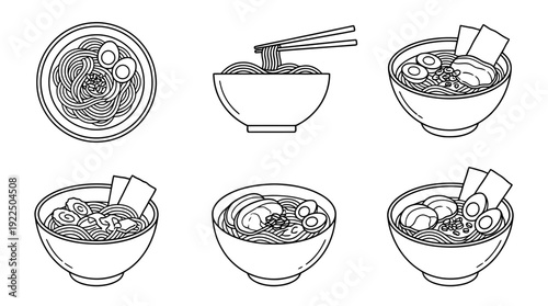 ramen bowl, 6 black delicate line drawings vector set collection , white background , PNG and SVG