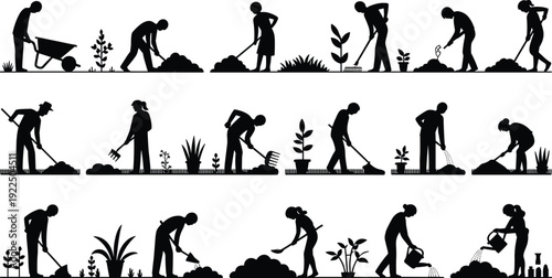 Gardening people silhouettes set with men and women planting, digging and watering plants, black vector illustration collection isolated on white background for landscape design