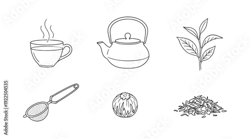 relaxation tea, 6 black delicate line drawings vector set collection , white background , PNG and SVG