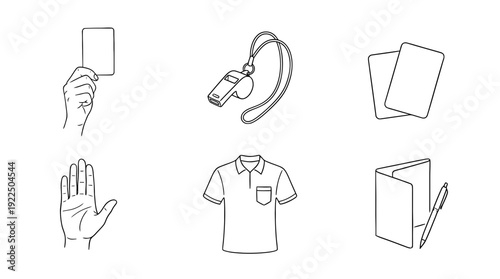 referee card, 6 black delicate line drawings vector set collection , white background , PNG and SVG
