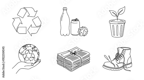 recycle, 6 black delicate line drawings vector set collection , white background , PNG and SVG
