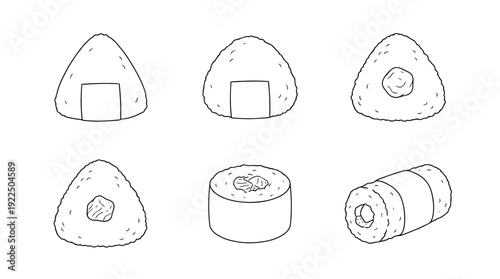 rice ball onigiri, 6 black delicate line drawings vector set collection , white background , PNG and SVG