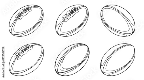 rugby ball, 6 black delicate line drawings vector set collection , white background , PNG and SVG