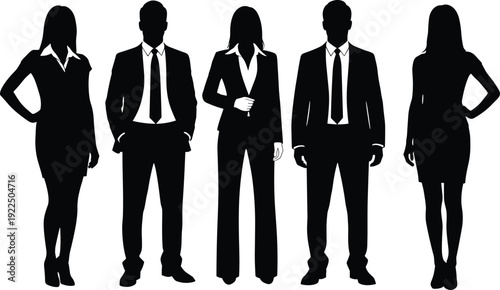 Black silhouette group of confident business professionals in suits, blazers, ties and dresses, standing team of men and women vector illustration