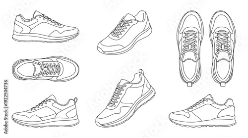 running shoes, 6 black delicate line drawings vector set collection , white background , PNG and SVG