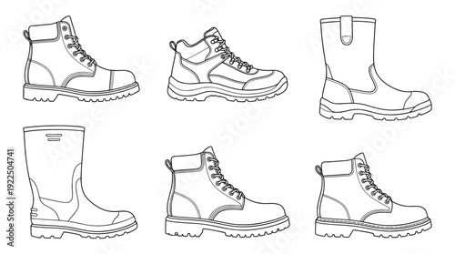 safety boots, 6 black delicate line drawings vector set collection , white background , PNG and SVG