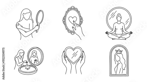 self love mirror, 6 black delicate line drawings vector set collection , white background , PNG and SVG