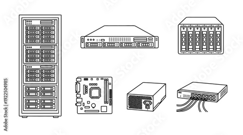 server, 6 black delicate line drawings vector set collection , white background , PNG and SVG