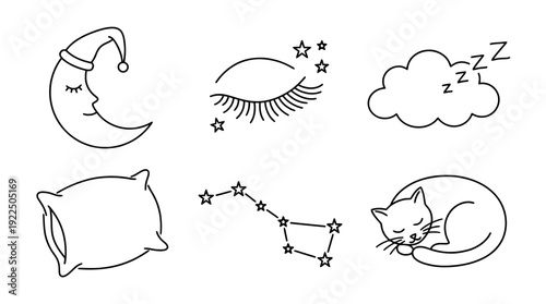 sleepy dream, 6 black delicate line drawings vector set collection , white background , PNG and SVG