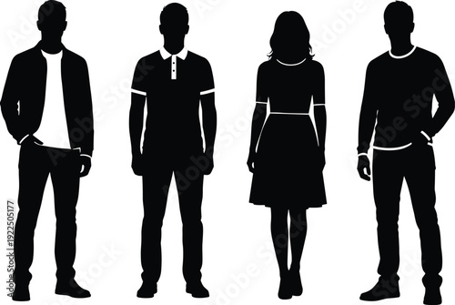 Black silhouette of diverse young people in casual jackets, polo shirts, dresses and sweaters standing confidently vector illustration