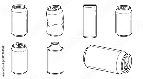 soda can, 6 black delicate line drawings vector set collection , white background , PNG and SVG