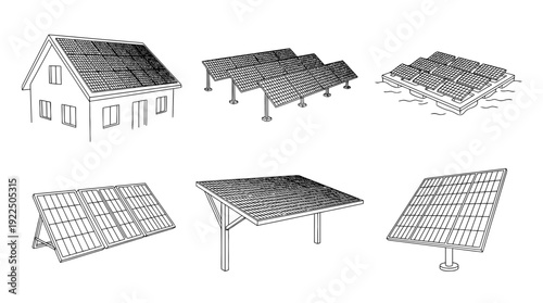 solar panel array, 6 black delicate line drawings vector set collection , white background , PNG and SVG