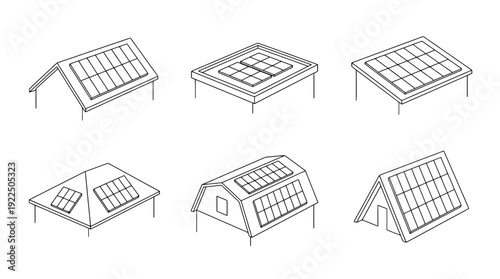 solar panel roof, 6 black delicate line drawings vector set collection , white background , PNG and SVG