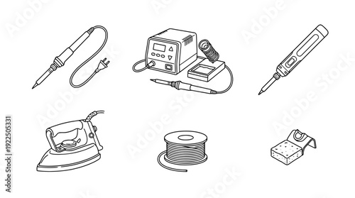 soldering iron, 6 black delicate line drawings vector set collection , white background , PNG and SVG
