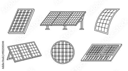 solar panel, 6 black delicate line drawings vector set collection , white background , PNG and SVG