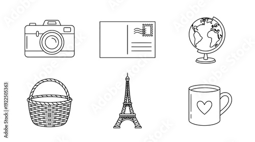 souvenir shop, 6 black delicate line drawings vector set collection , white background , PNG and SVG