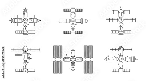 space station, 6 black delicate line drawings vector set collection , white background , PNG and SVG