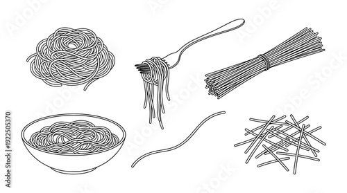 spaghetti pasta, 6 black delicate line drawings vector set collection , white background , PNG and SVG