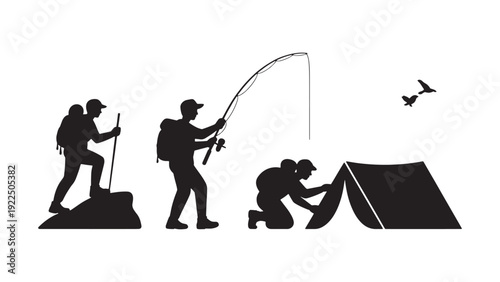 Evolution of outdoor activities: hiking, fishing, and camping with tent and drone, illustrating adventure and exploration.