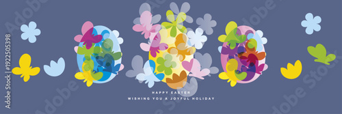 Happy Easter pastel color greeting card. Beautiful colorful Easter eggs with all around overlapping spring symbols butterfly and flowers on eggs blue gray background