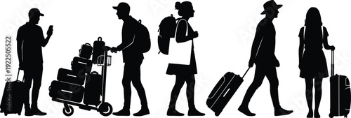 Black silhouette travelers with luggage suitcases backpacks trolley airport journey walking group vector illustration for travel tourism vacation adventure concepts