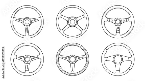 steering wheel, 6 black delicate line drawings vector set collection , white background , PNG and SVG