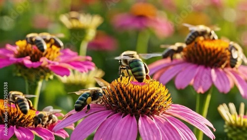 Bees collecting nectar from colorful flowers in vibrant garden  