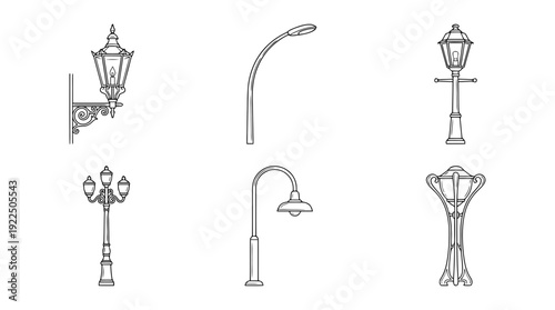 street lamp, 6 black delicate line drawings vector set collection , white background , PNG and SVG