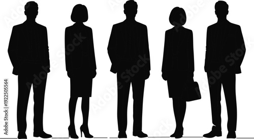 Black silhouettes of diverse business professional team standing in formal corporate suits and dresses isolated on a white background