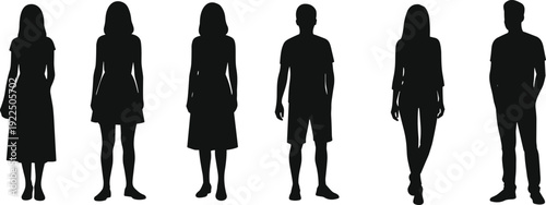 Black silhouettes of diverse people in casual and professional poses, standing men and women collection, isolated vector on white background.