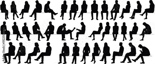 Sitting people silhouettes collection, diverse men women seated poses, waiting queue isolated black figures set