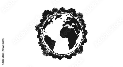 Black and white illustration of the Earth surrounded by foliage.