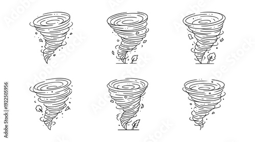 tornado, 6 black delicate line drawings vector set collection , white background , PNG and SVG
